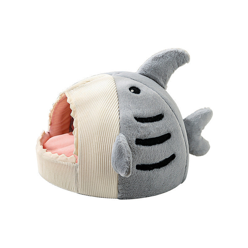 Cozy Shark Cat Bed – Warm Autumn & Winter Semi-Closed Nest with Mat