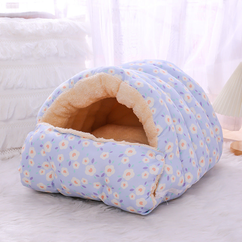 Warm Floral Cat Bed with Detachable Sleeping Bag – Velvet Thickened Cozy Nest for Indoor Cats