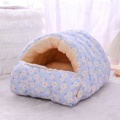Warm Floral Cat Bed with Detachable Sleeping Bag – Velvet Thickened Cozy Nest for Indoor Cats