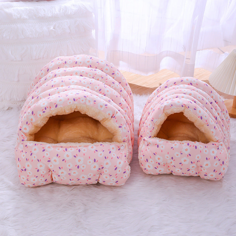 Warm Floral Cat Bed with Detachable Sleeping Bag – Velvet Thickened Cozy Nest for Indoor Cats