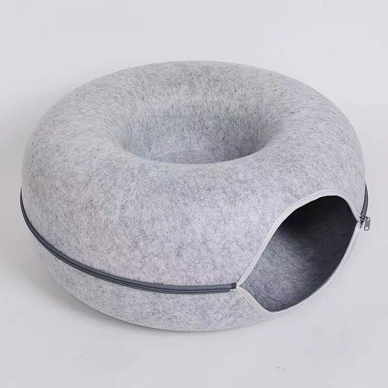 2-in-1 Donut Cat Bed & Tunnel – Wool Felt Nest for Sleep & Play