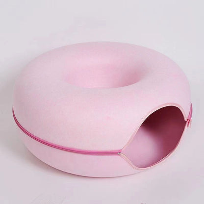 2-in-1 Donut Cat Bed & Tunnel – Wool Felt Nest for Sleep & Play