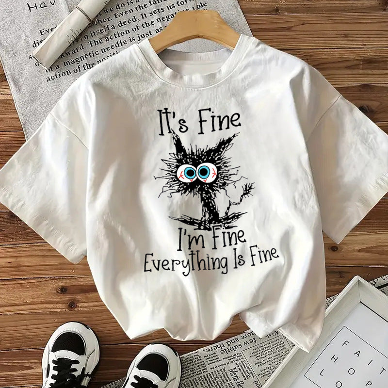 I'm Fine - Cute Cat Print Cotton T-Shirt