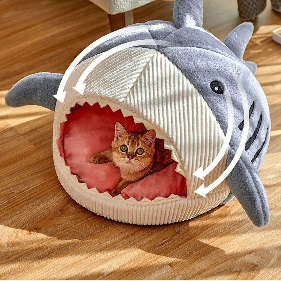 Cozy Shark Cat Bed – Warm Autumn & Winter Semi-Closed Nest with Mat