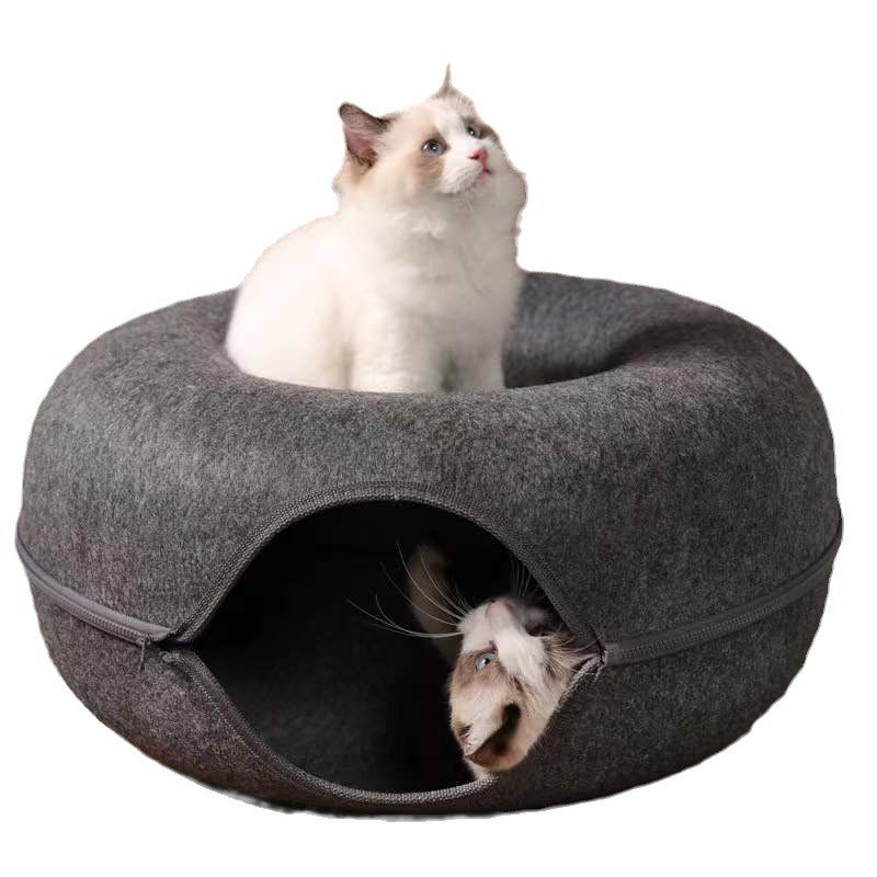 2-in-1 Donut Cat Bed & Tunnel – Wool Felt Nest for Sleep & Play