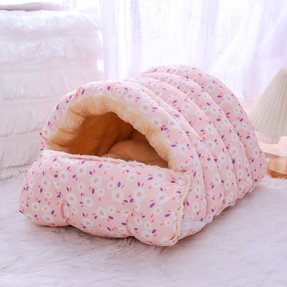 Warm Floral Cat Bed with Detachable Sleeping Bag – Velvet Thickened Cozy Nest for Indoor Cats