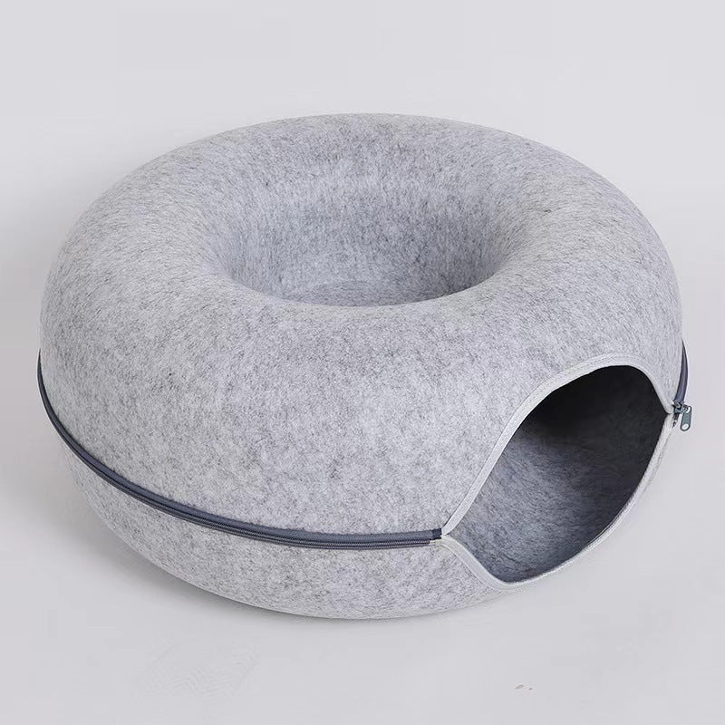 2-in-1 Donut Cat Bed & Tunnel – Wool Felt Nest for Sleep & Play