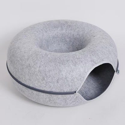 2-in-1 Donut Cat Bed & Tunnel – Wool Felt Nest for Sleep & Play