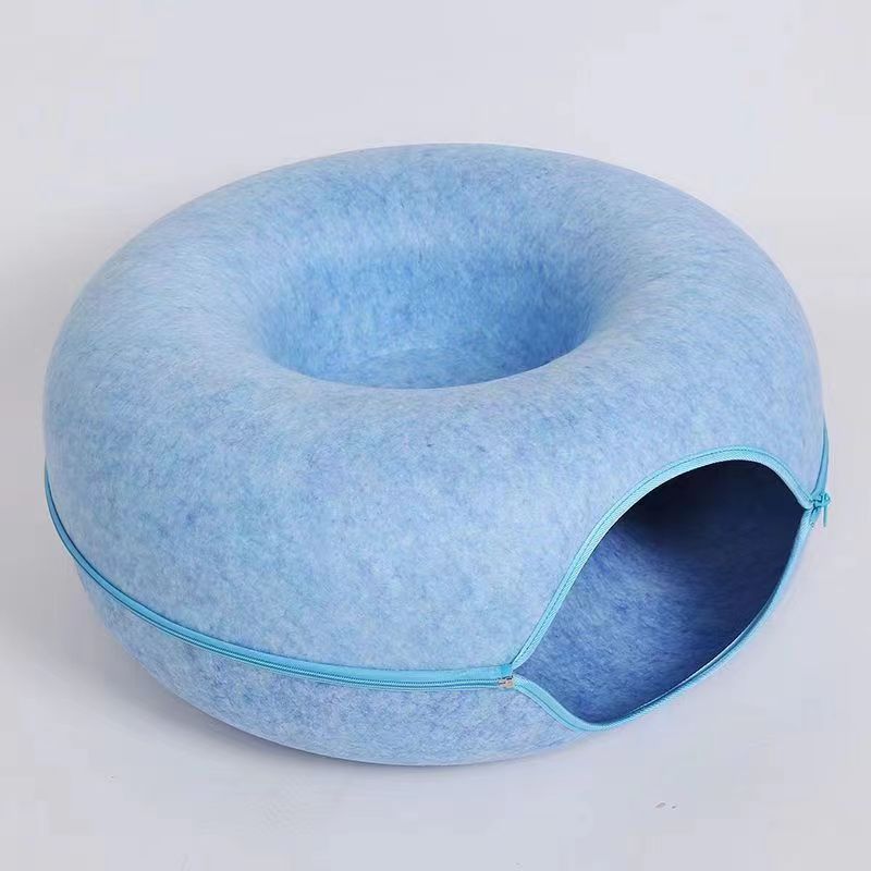 2-in-1 Donut Cat Bed & Tunnel – Wool Felt Nest for Sleep & Play