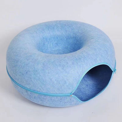 2-in-1 Donut Cat Bed & Tunnel – Wool Felt Nest for Sleep & Play