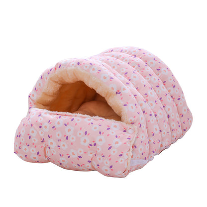 Warm Floral Cat Bed with Detachable Sleeping Bag – Velvet Thickened Cozy Nest for Indoor Cats