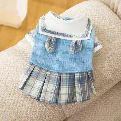 Autumn Winter Cat Dress – Cute Rabbit Lapel JK Style Warm Outfit for Small to Medium Cats