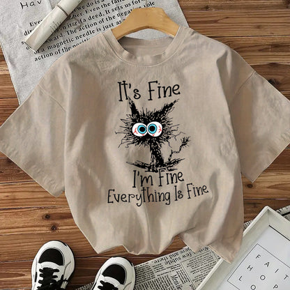 I'm Fine - Cute Cat Print Cotton T-Shirt