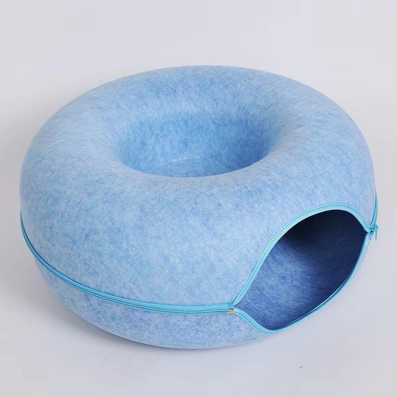 2-in-1 Donut Cat Bed & Tunnel – Wool Felt Nest for Sleep & Play