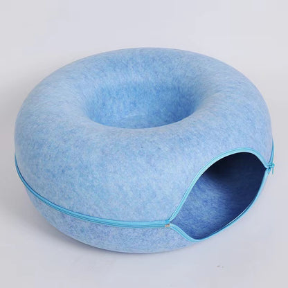 2-in-1 Donut Cat Bed & Tunnel – Wool Felt Nest for Sleep & Play