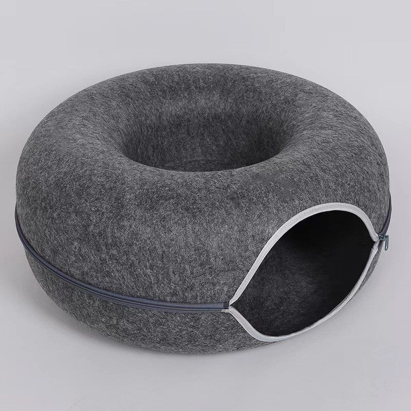 2-in-1 Donut Cat Bed & Tunnel – Wool Felt Nest for Sleep & Play