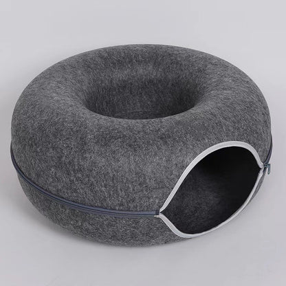 2-in-1 Donut Cat Bed & Tunnel – Wool Felt Nest for Sleep & Play
