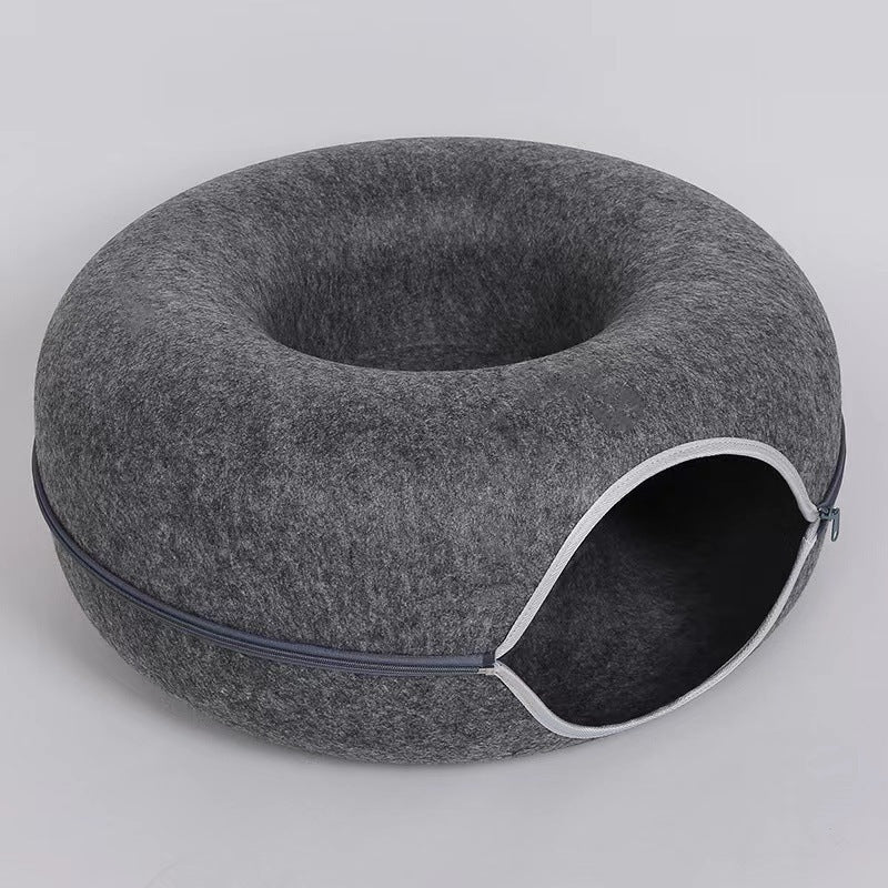 2-in-1 Donut Cat Bed & Tunnel – Wool Felt Nest for Sleep & Play