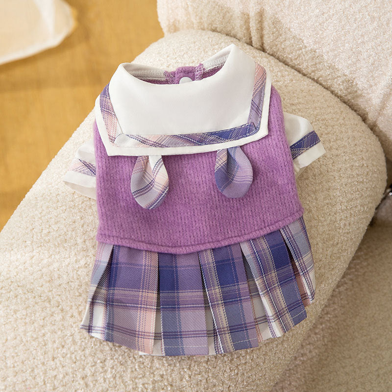 Autumn Winter Cat Dress – Cute Rabbit Lapel JK Style Warm Outfit for Small to Medium Cats
