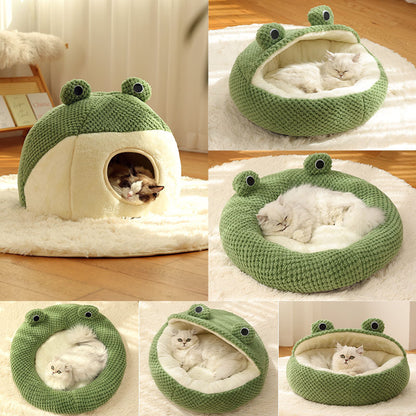 Cute Frog Cat Nest – Warm Plush Autumn & Winter Bed for Cats (<20 lbs)