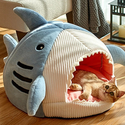 Cozy Shark Cat Bed – Warm Autumn & Winter Semi-Closed Nest with Mat