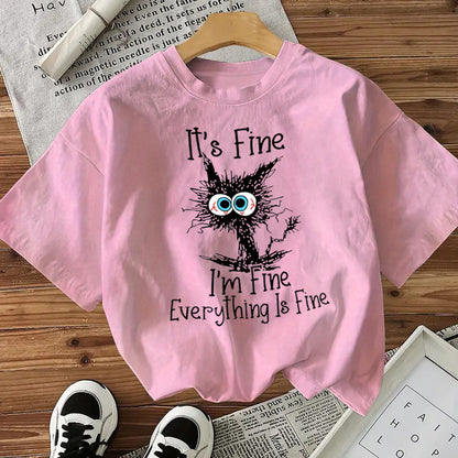 I'm Fine - Cute Cat Print Cotton T-Shirt