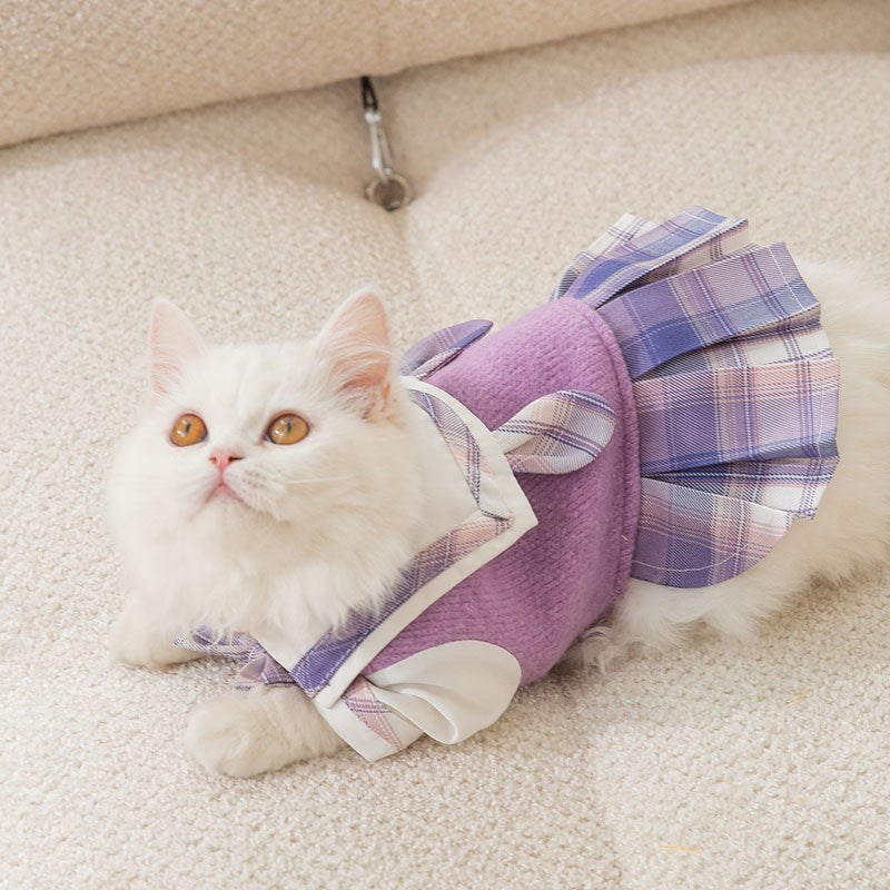 Autumn Winter Cat Dress – Cute Rabbit Lapel JK Style Warm Outfit for Small to Medium Cats