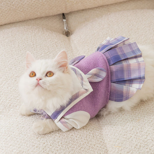 Autumn Winter Cat Dress – Cute Rabbit Lapel JK Style Warm Outfit for Small to Medium Cats