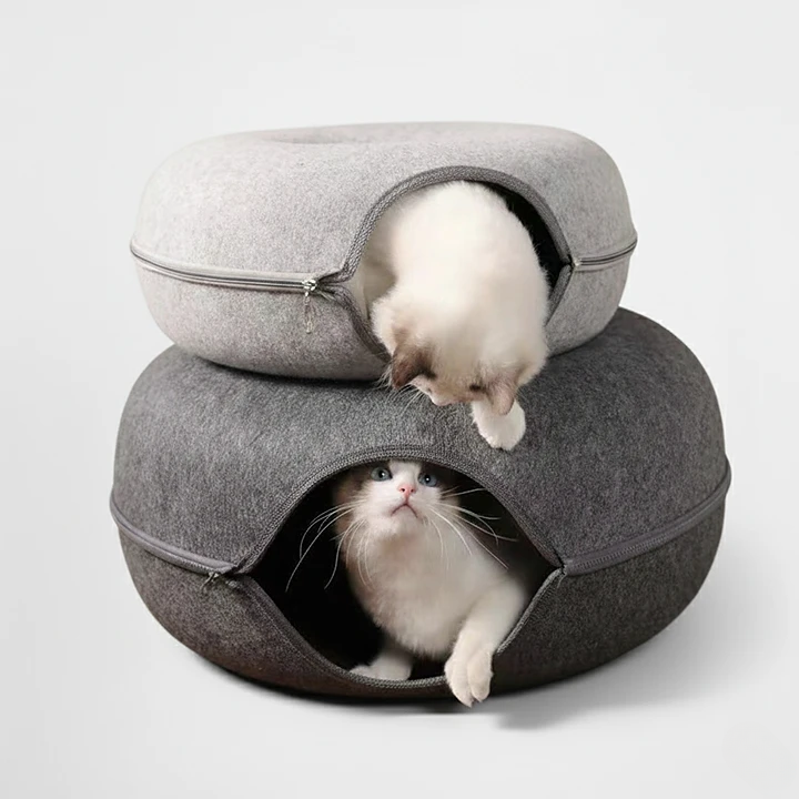 2-in-1 Donut Cat Bed & Tunnel – Wool Felt Nest for Sleep & Play