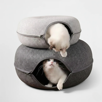 2-in-1 Donut Cat Bed & Tunnel – Wool Felt Nest for Sleep & Play