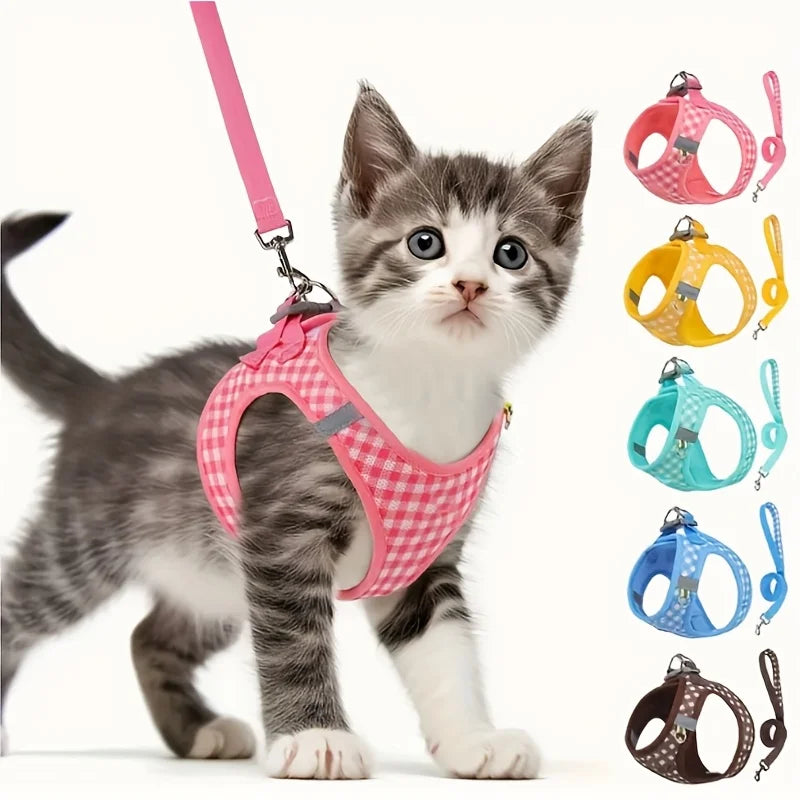 Plaid Reflective Cat Harness Set – Breathable & Stylish Cat Suit with Leash