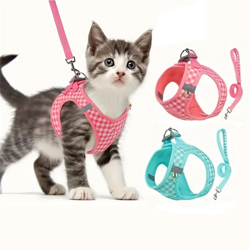 Plaid Reflective Cat Harness Set – Breathable & Stylish Cat Suit with Leash