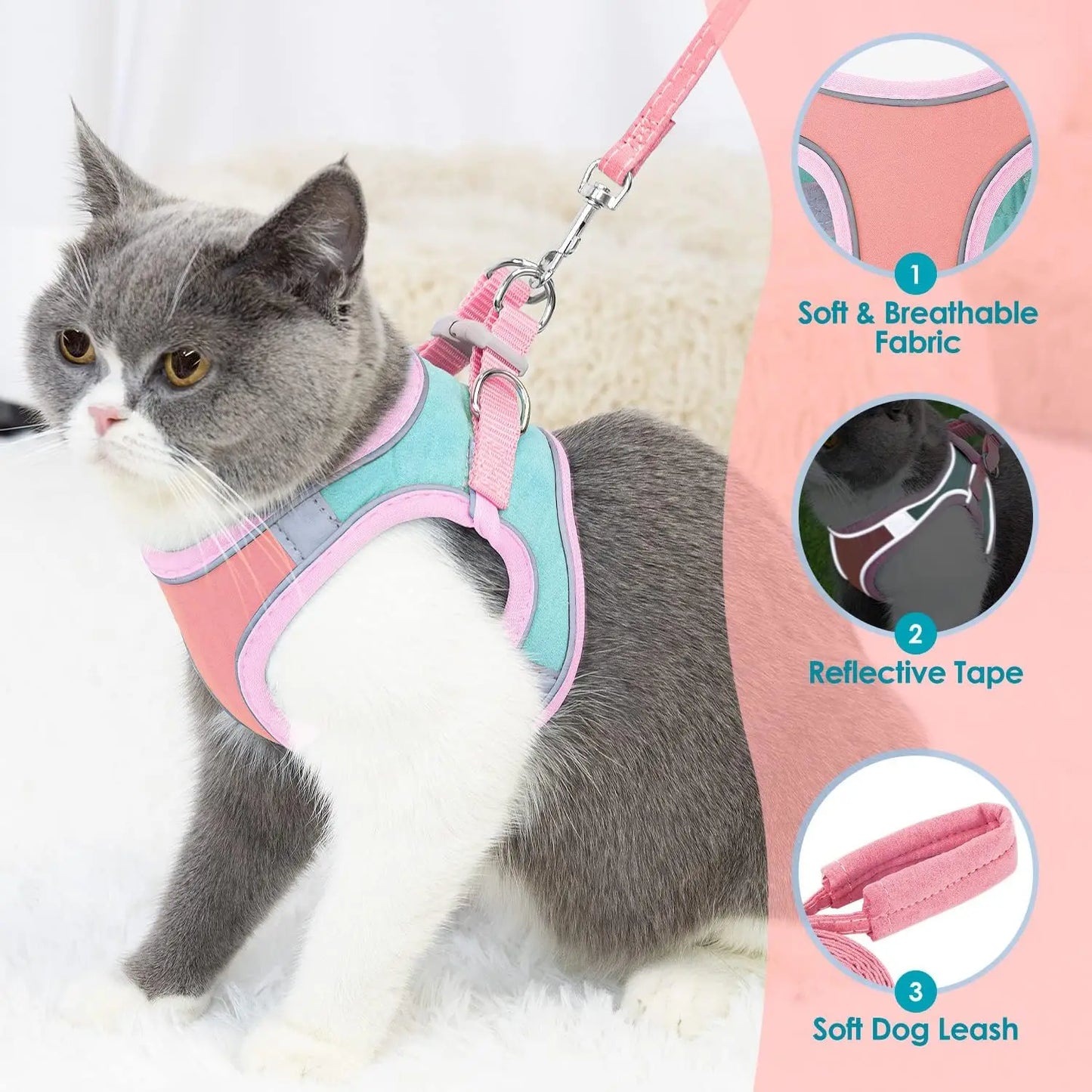 Adjustable Vest-Style Cat Harness Set – Reflective & Safe for Night